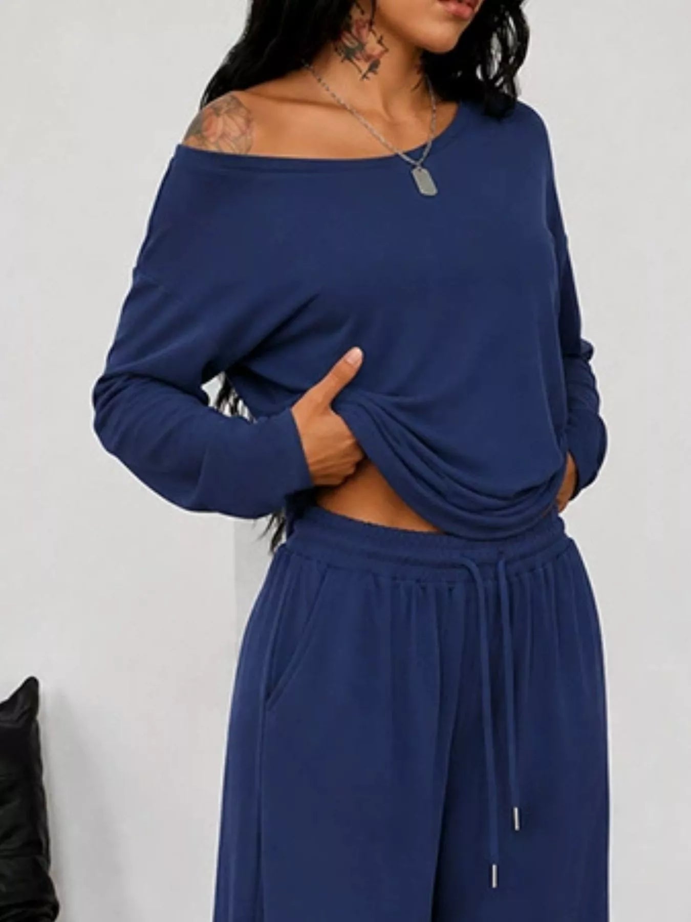 Full Size One-Shoulder Top and Drawstring Pants Set Plus Size