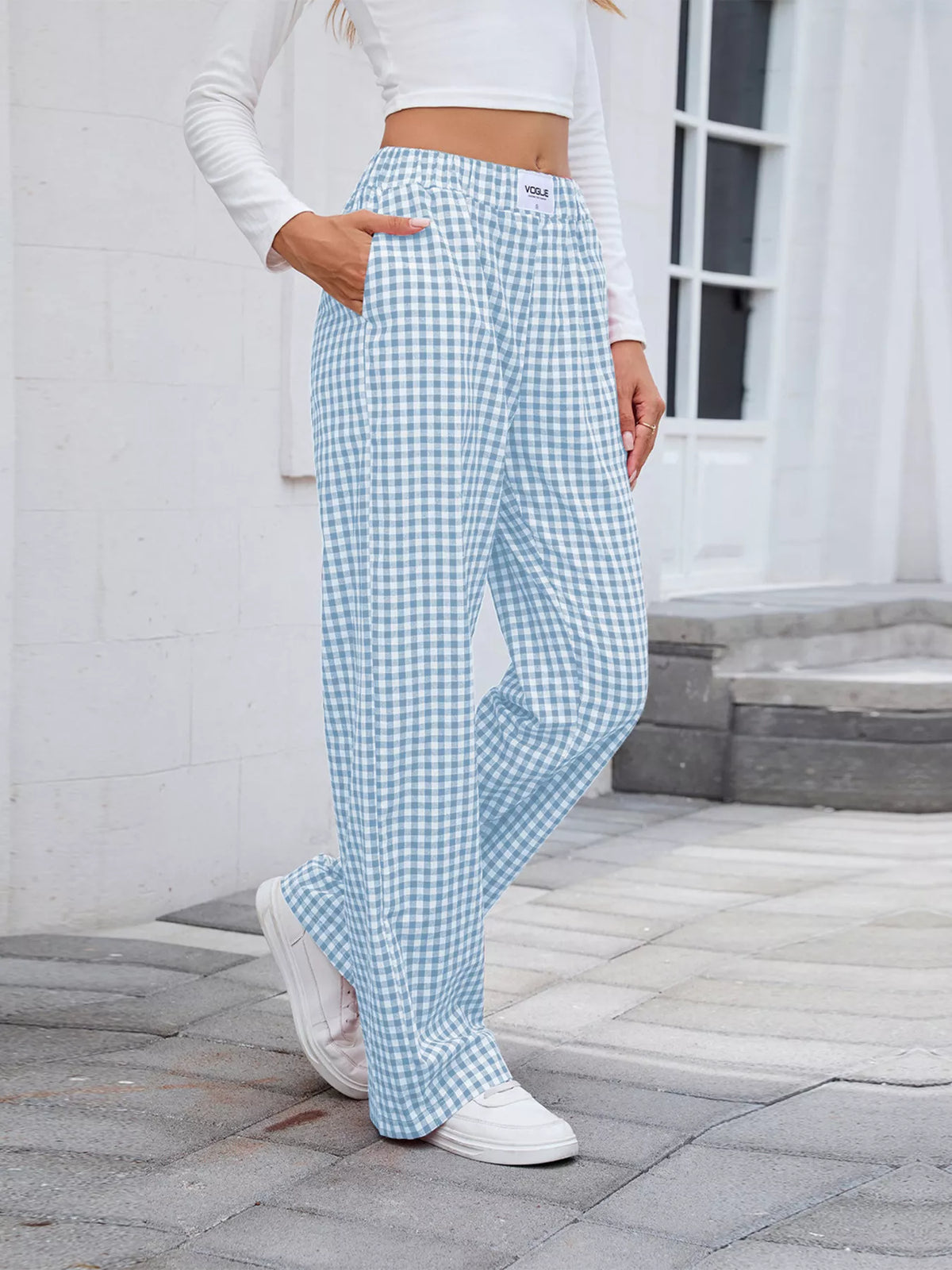 Plaid Wide-Leg Cotton Pants with Side Pockets