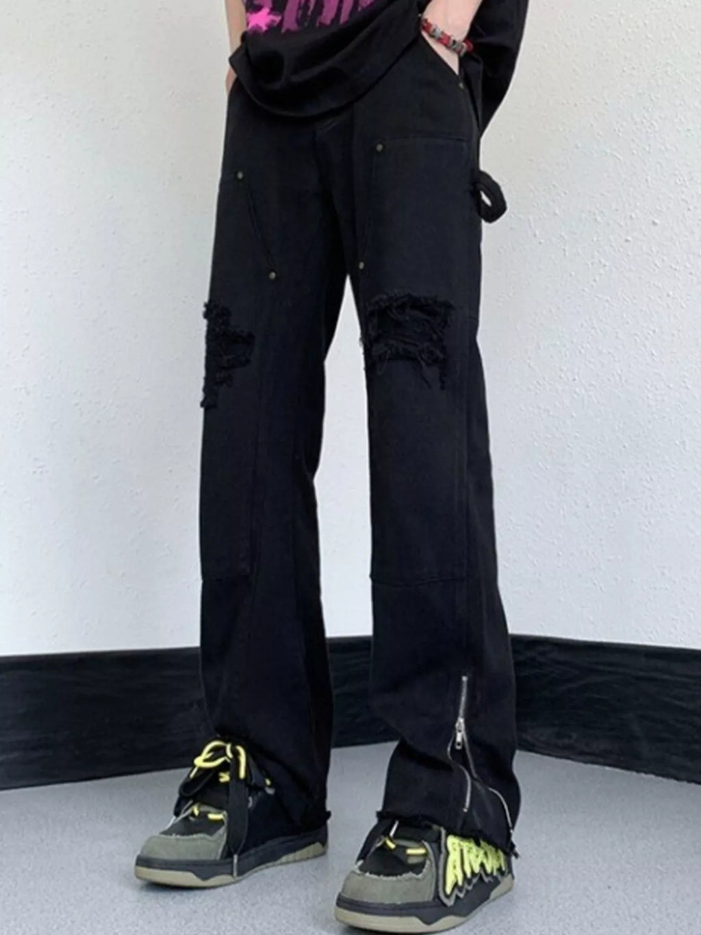 Men's Distressed Raw Hem Wide Leg Jeans