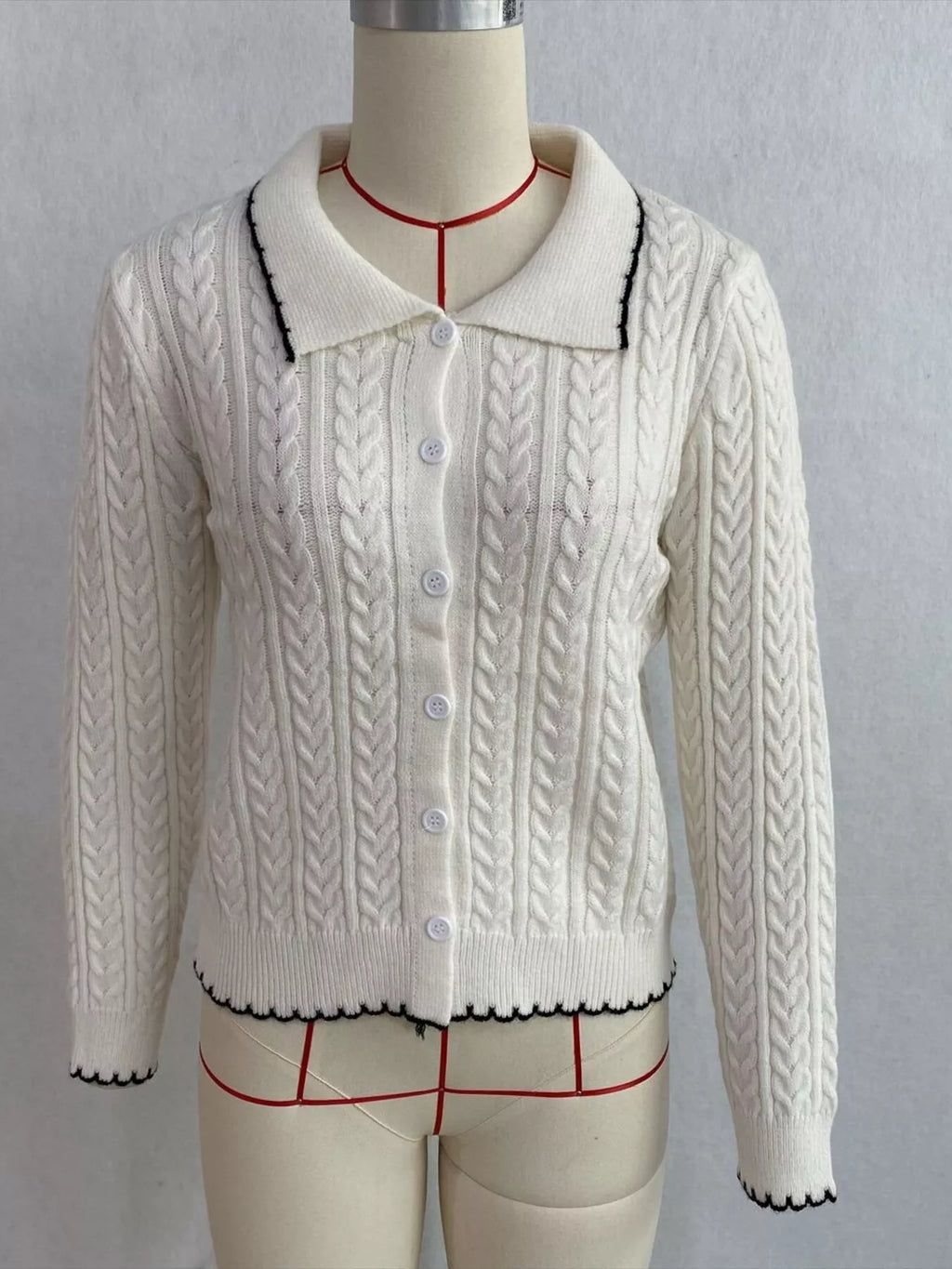 Cable Knit Polo Collar Button-Up Cardigan