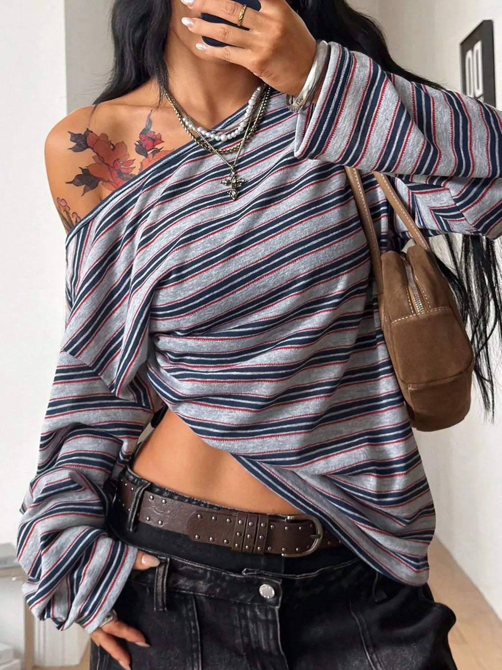 Striped Boat Neck Long Sleeve T-Shirt