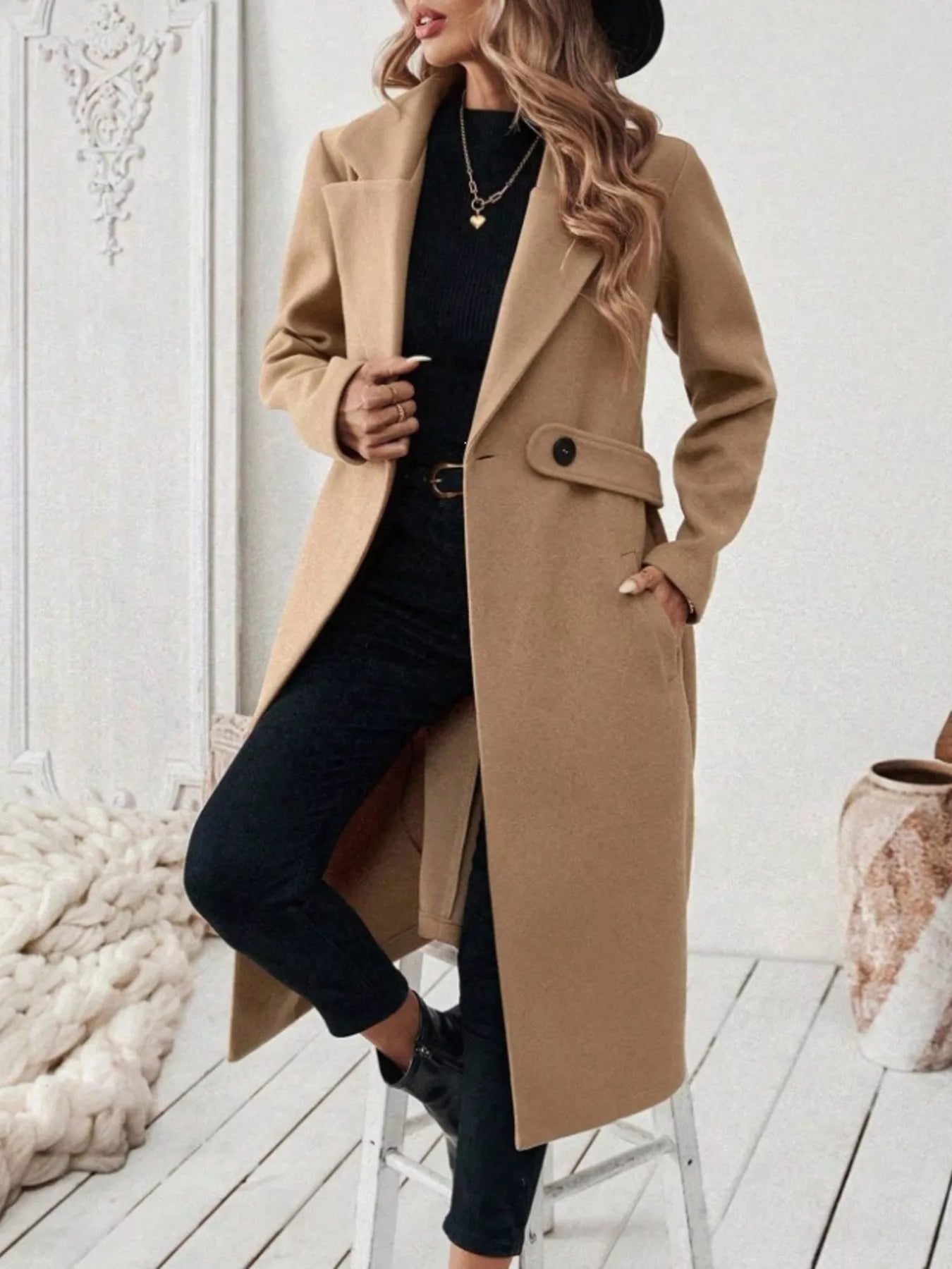 Full Size Elegant Lapel Collar Belted Coat with Pockets Plus Size