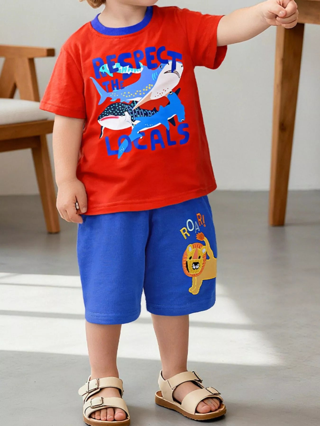 Children's Cartoon Shark Print Crew Neck Short Sleeve T-Shirt