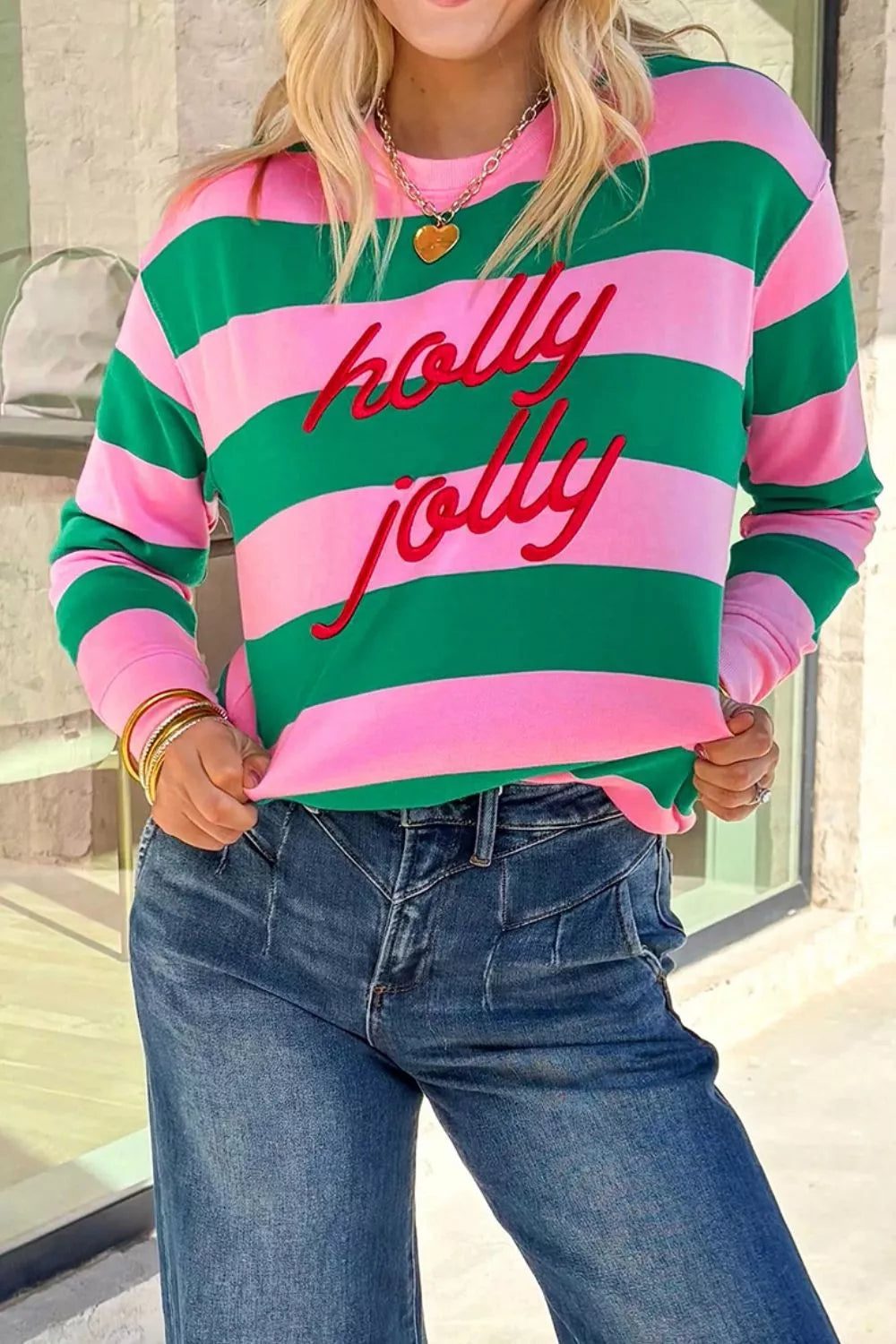 Stripe holly jolly Letter Embroidered Pullover Sweatshirt