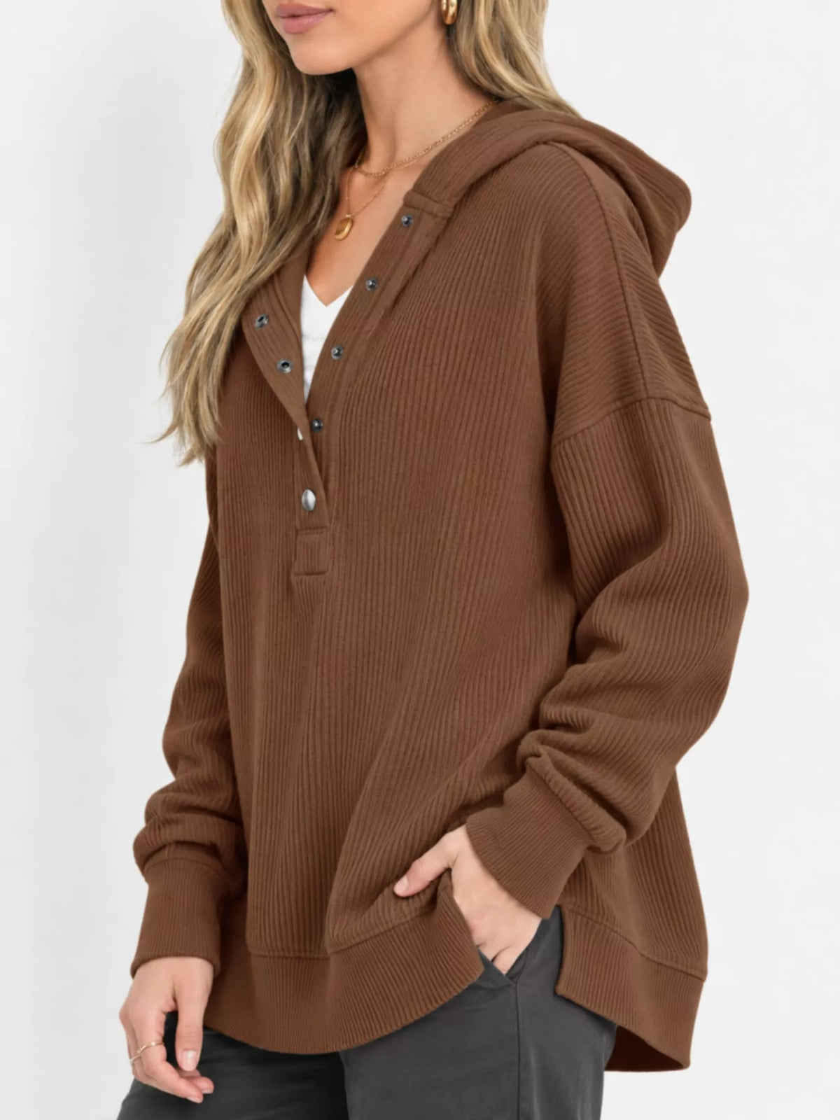 Full Size Snap Button Placket Dropped Shoulder Hoodie Plus Size