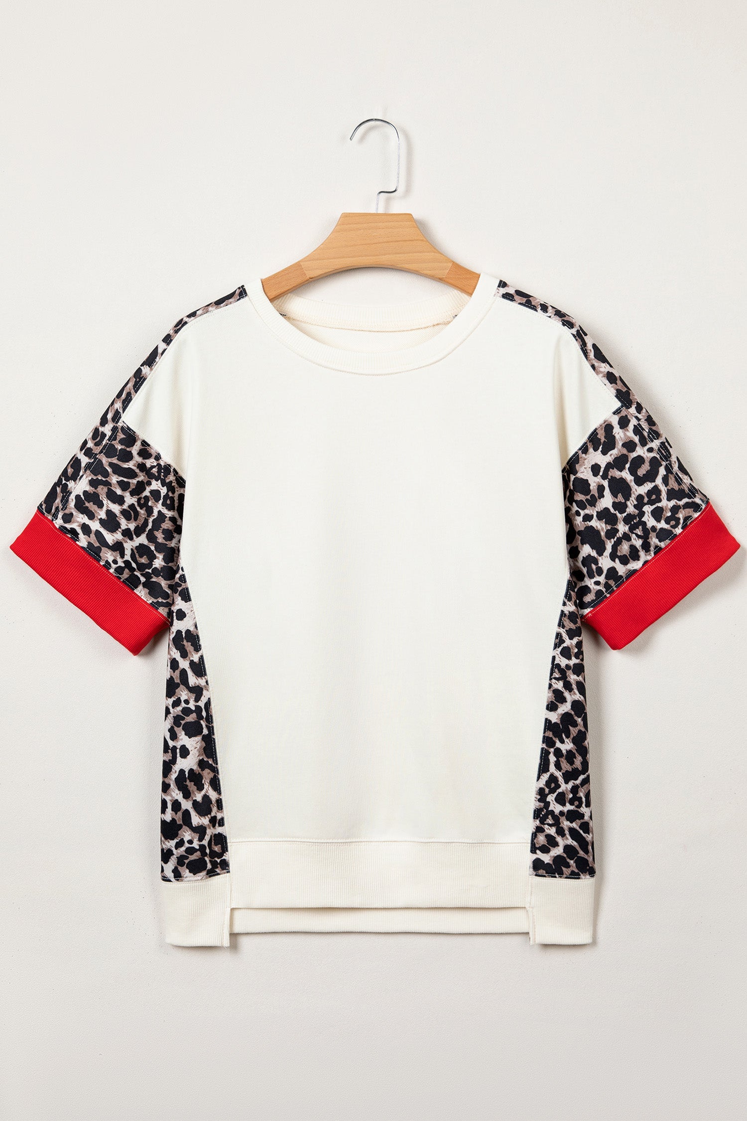 Beige Leopard Block Patchwork Uneven Hem Short Sleeve Top
