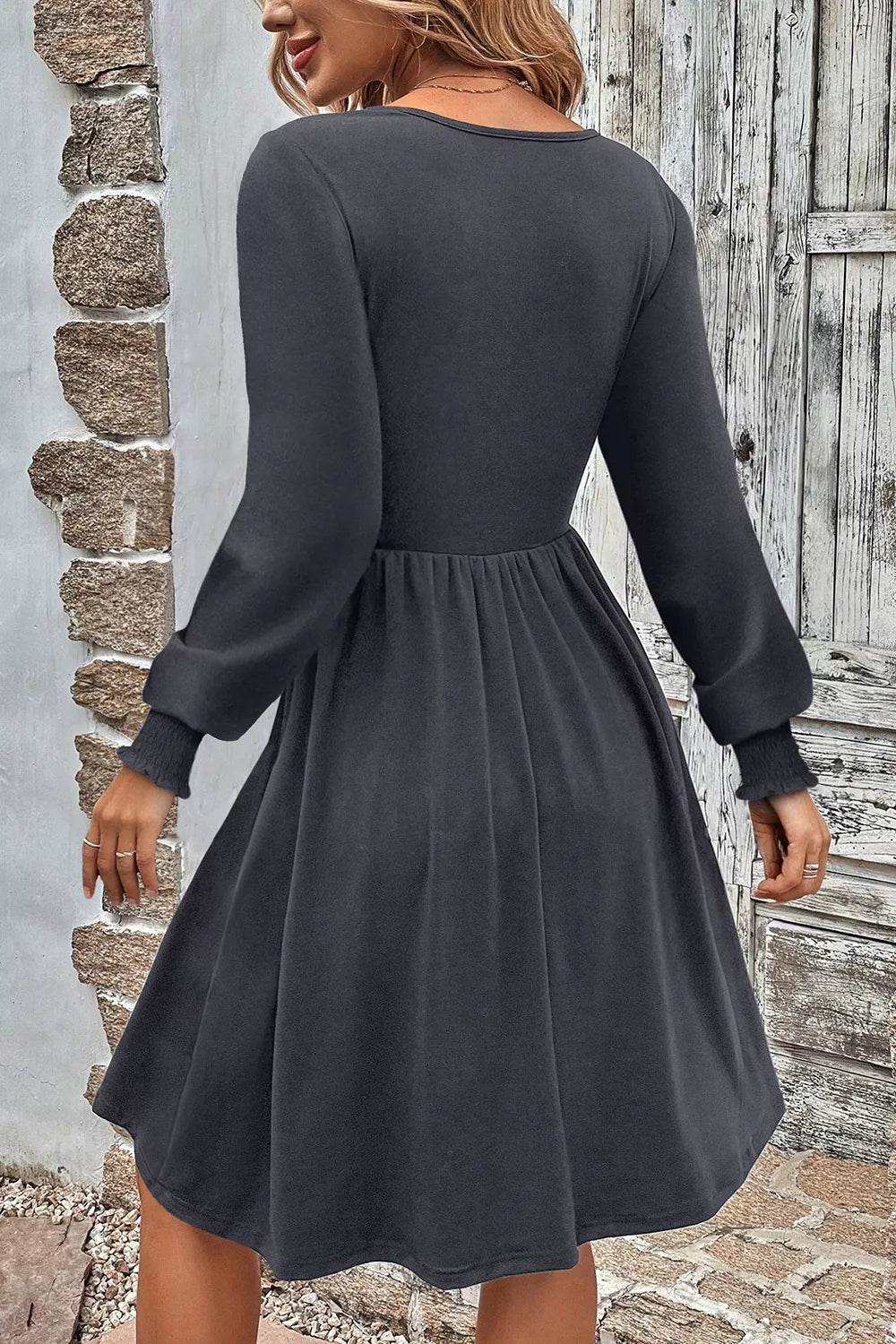 Shirred Cuff Long Sleeve Button Round Neck Mini Dress