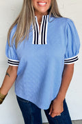 Myosotis Stylish Textured Stripe Trim Split Neck Puff Sleeve Top