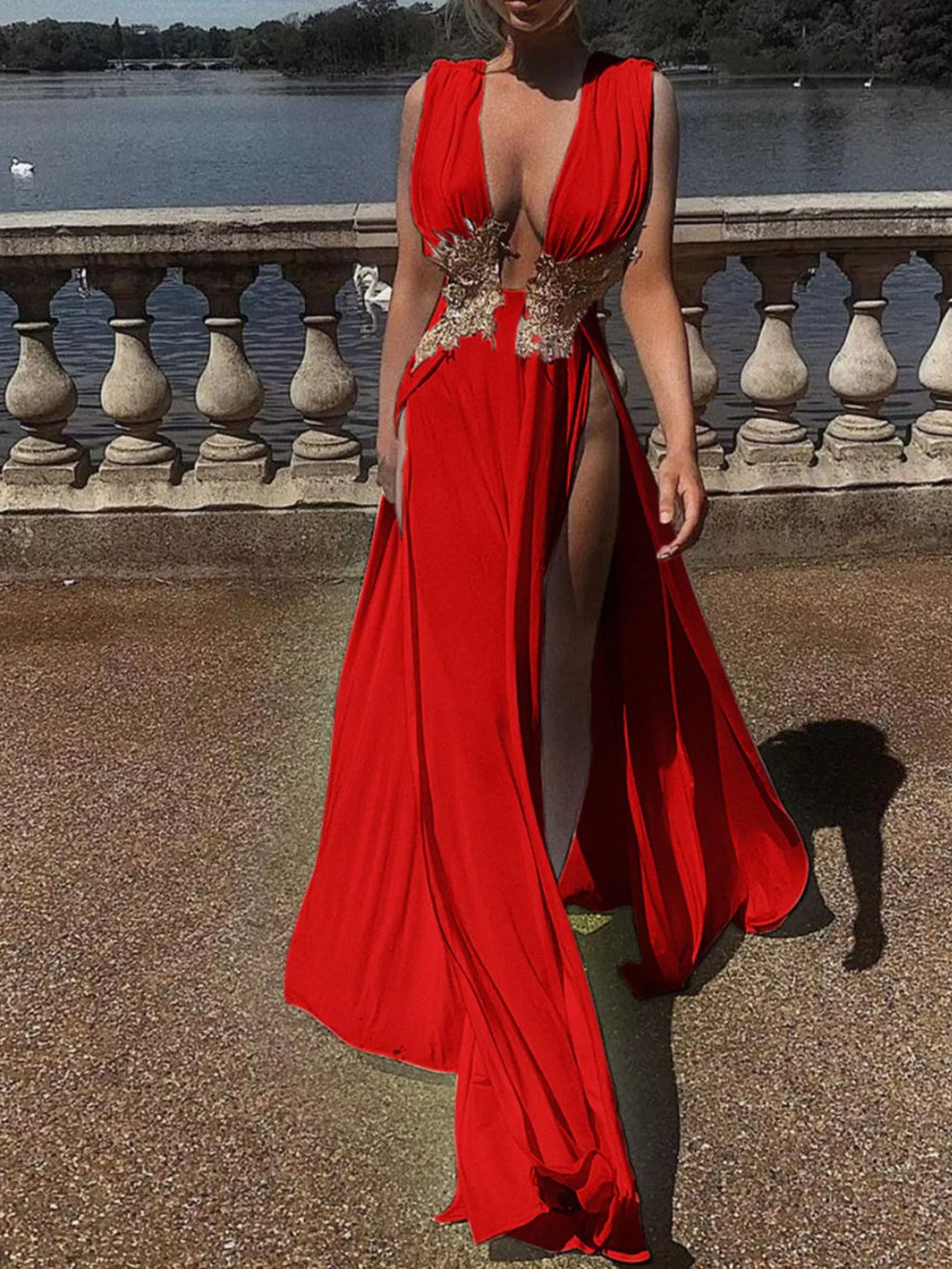 Deep V-Neck High Slit Maxi Dress