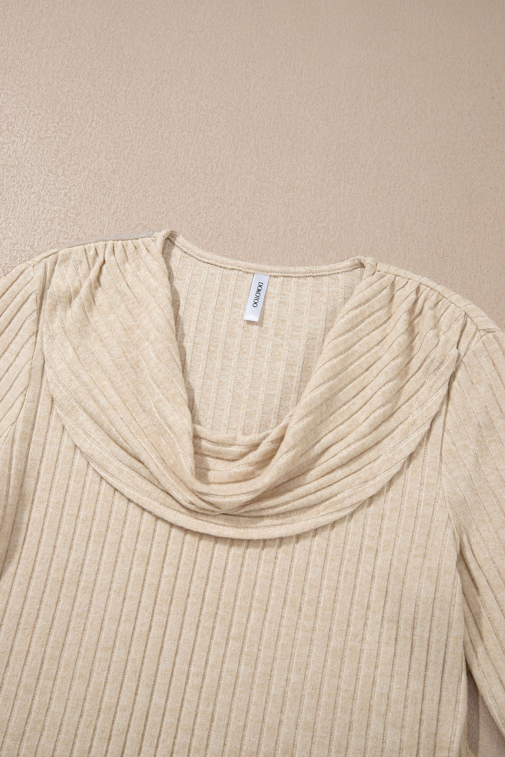 Apricot Solid Color Ribbed Knit Cowl Neck Long Sleeve Top