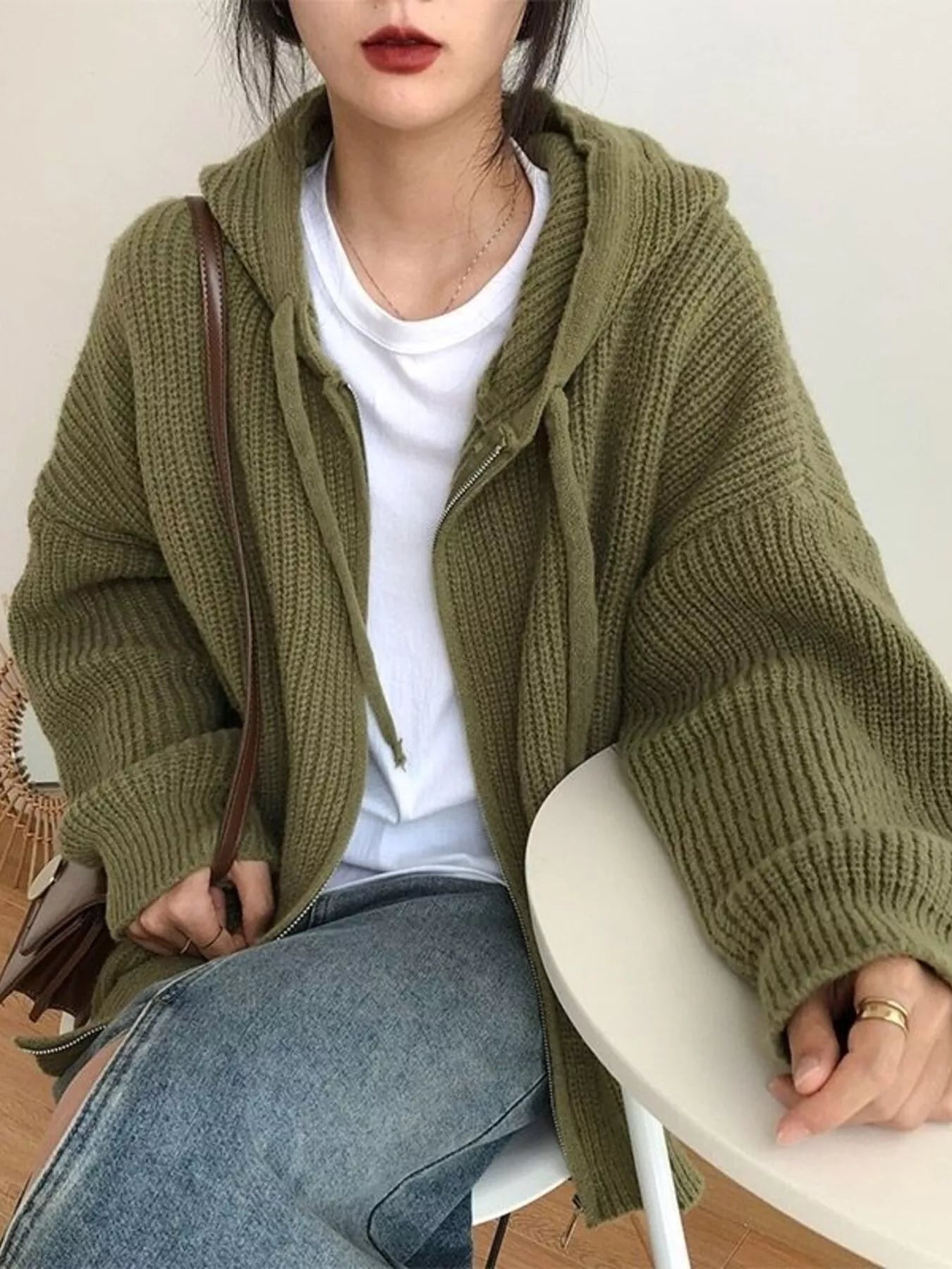 Casual Knitted Zip-Up Hooded Cardigan