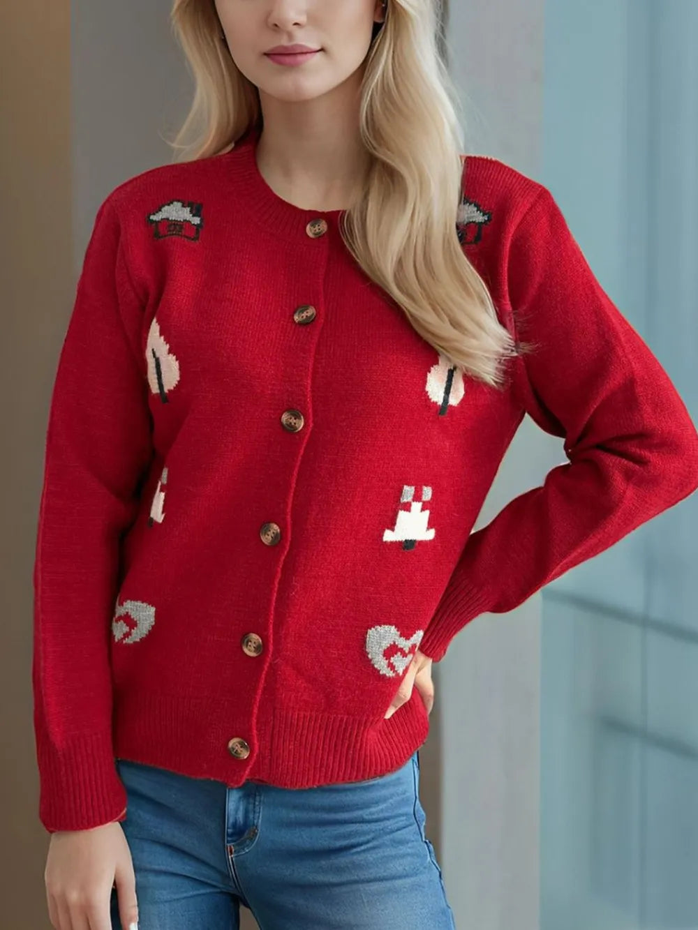 Button Up Round Neck Long Sleeve Cardigan