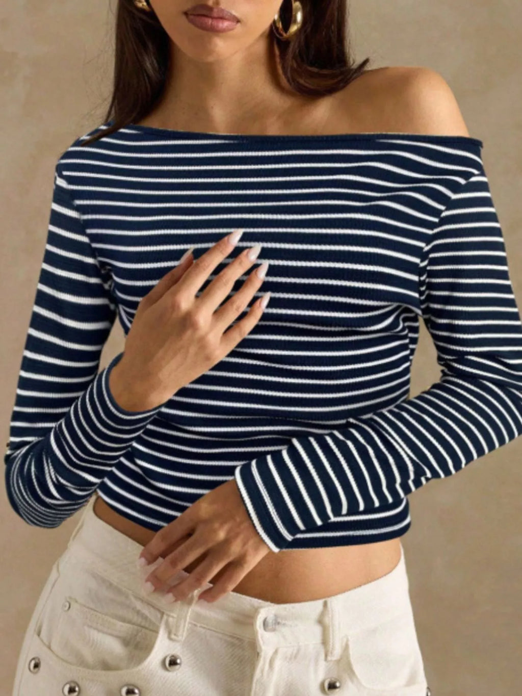 Off-Shoulder Striped Ribbed Long Sleeve T-Shirt