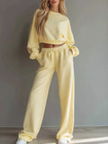 Round Neck Cropped Sweatshirt and Wide-Leg Pants Set