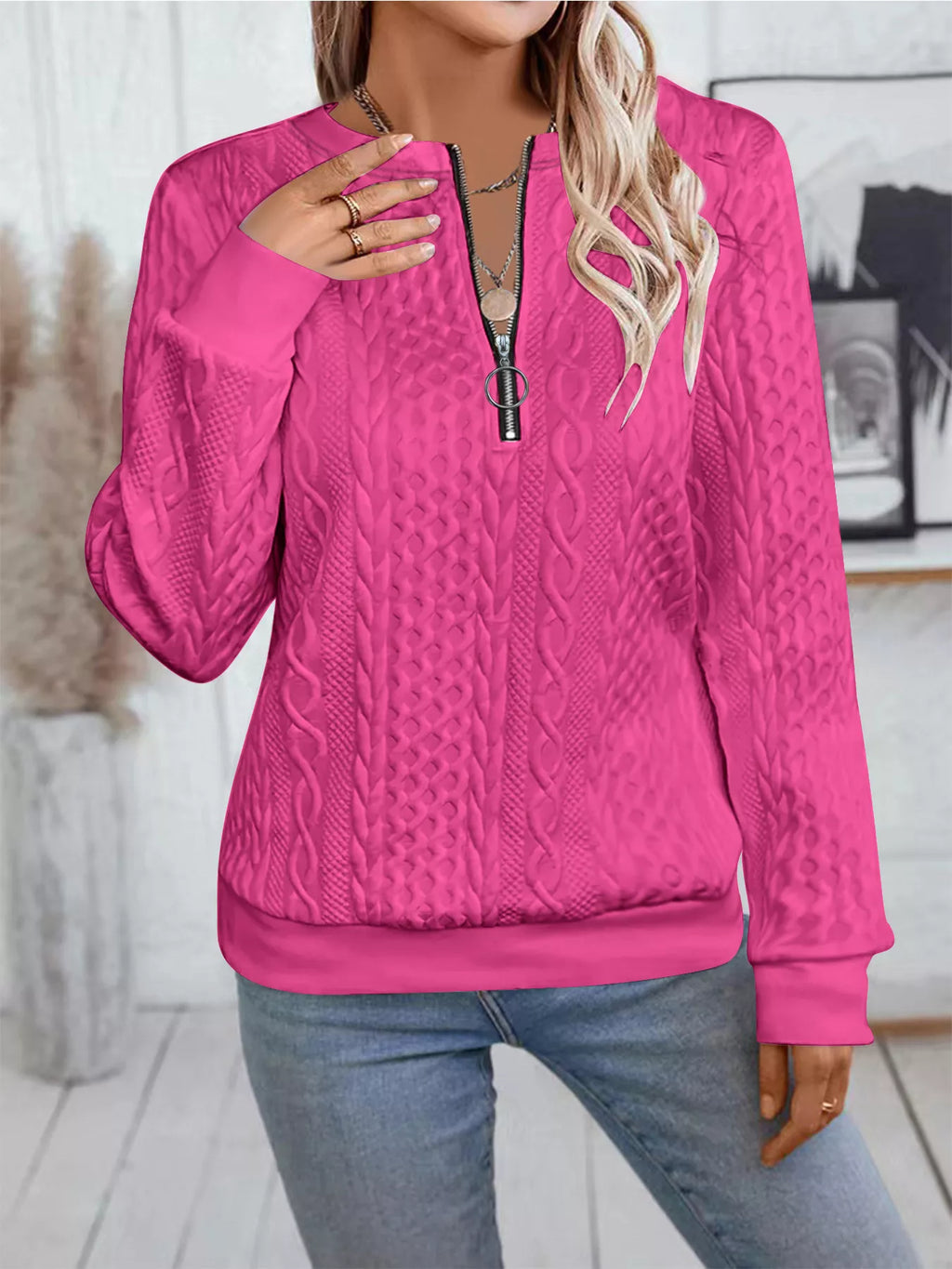Chic Cable Texture Quarter-Zip Sweatshirt