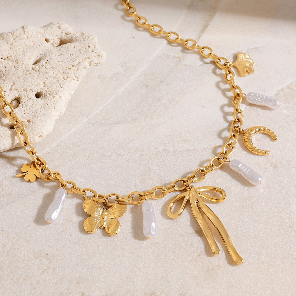18K gold bow with pearl design exquisite and noble necklace