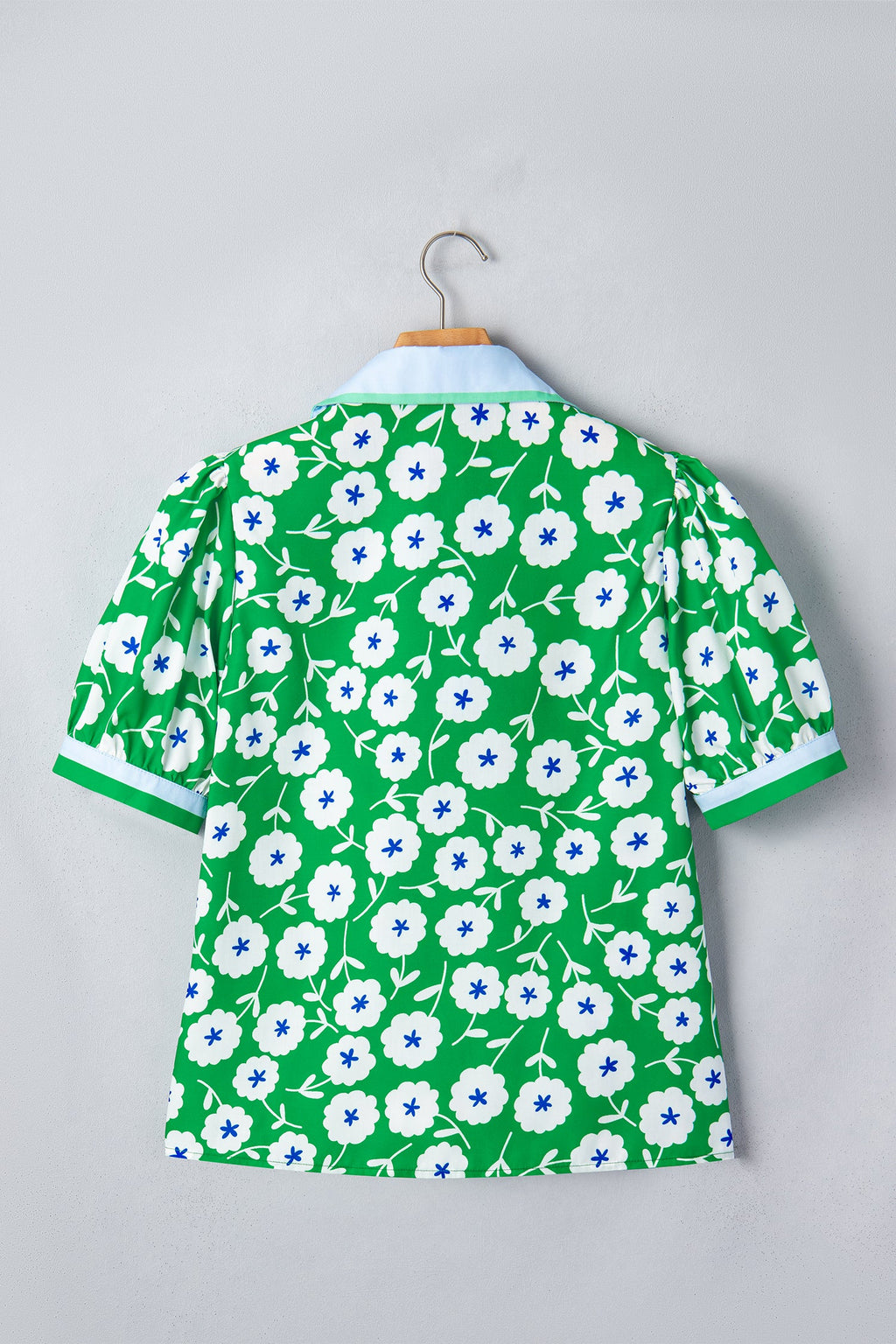 Green Flower Printed Contrast Patchwork Collar Short Sleeve Blouse