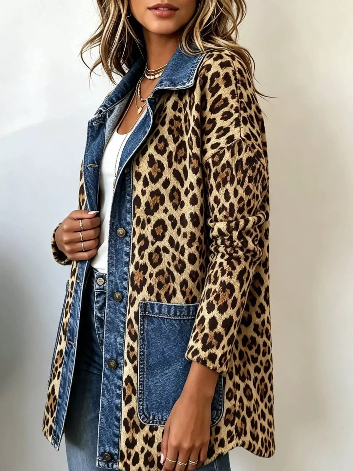 Full Size Leopard Print Colorblock Jacket Plus Size