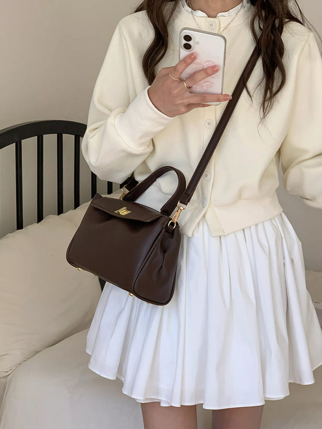 Golden Clasp Leather Crossbody Bag
