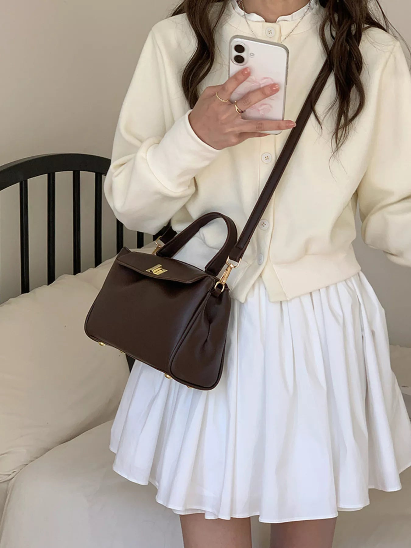 Golden Clasp Leather Crossbody Bag