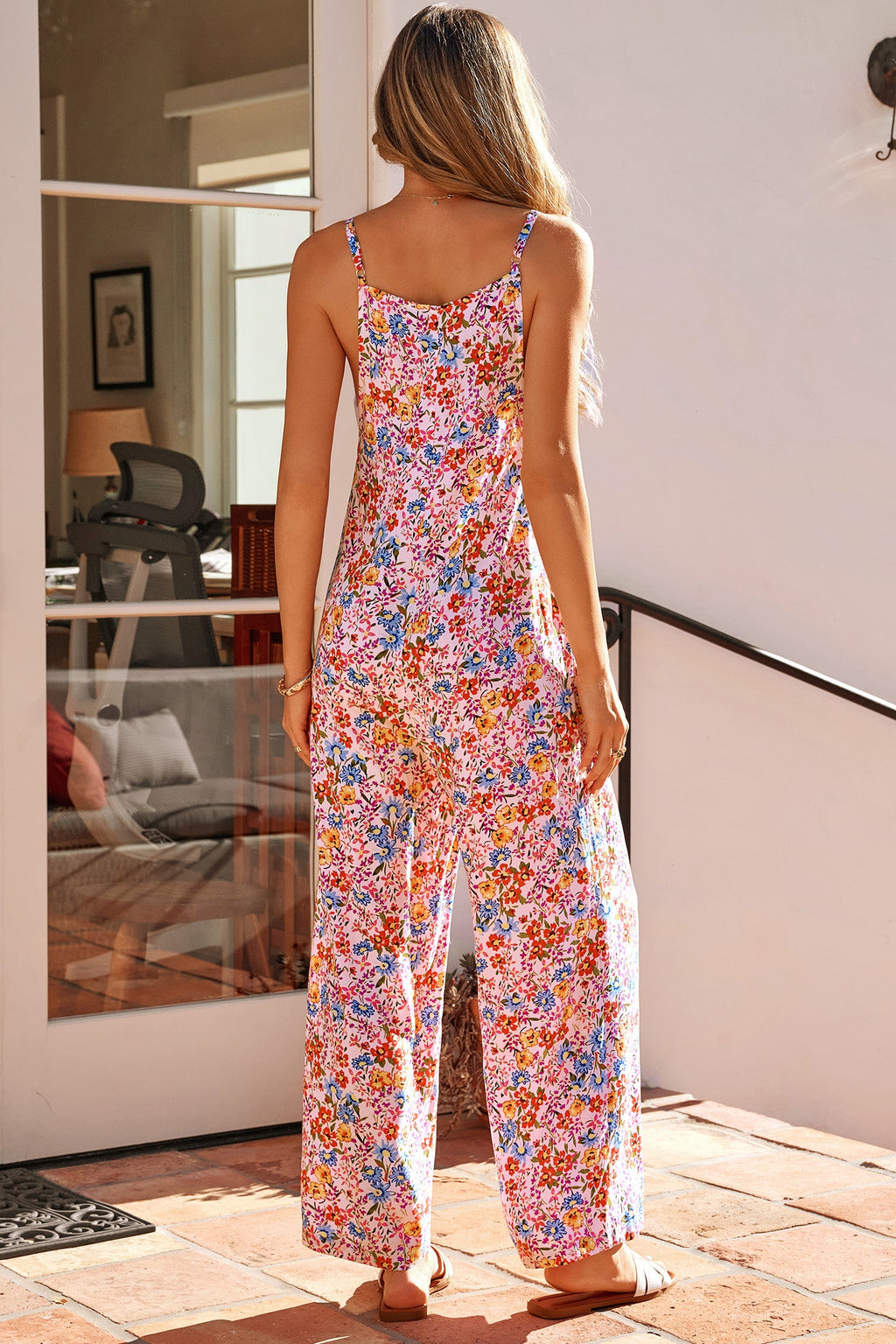 Multicolour Floral Print Spaghetti Straps Loose Pocketed Jumpsuit