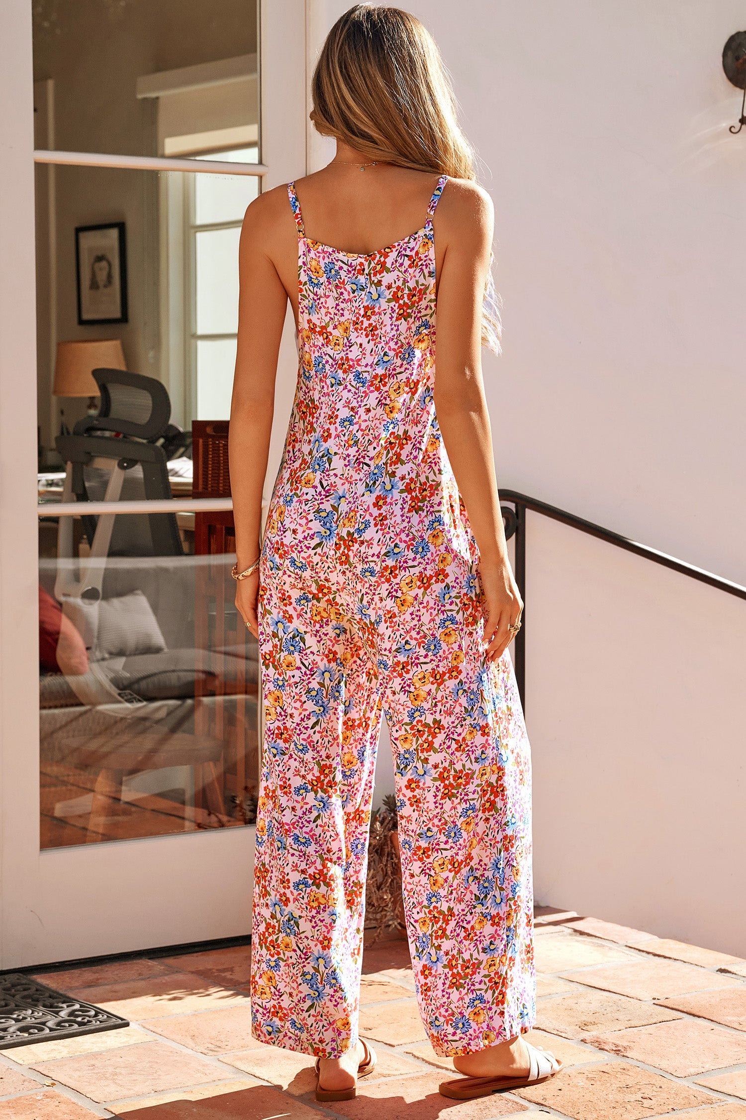 Multicolour Floral Print Spaghetti Straps Loose Pocketed Jumpsuit