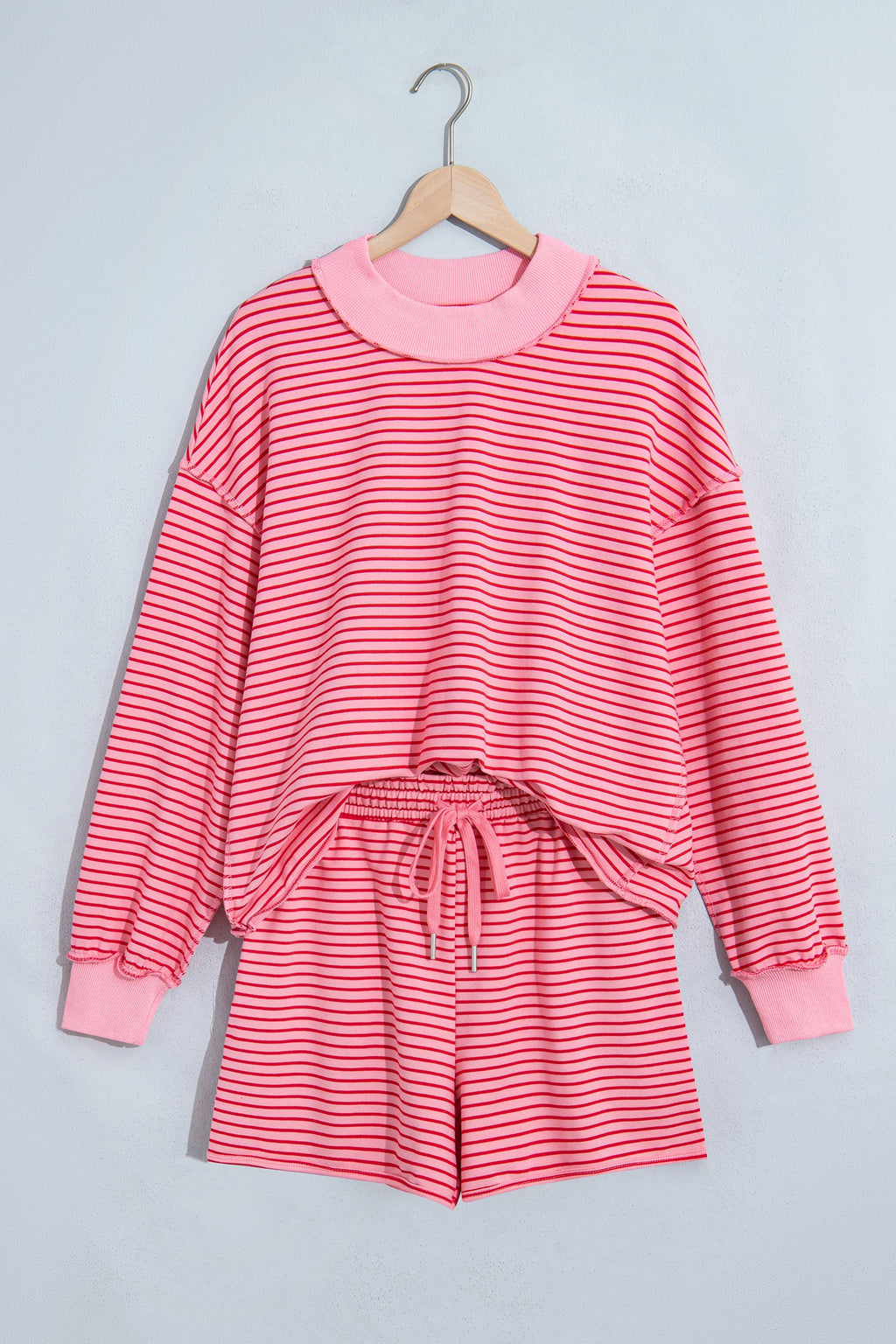 Blue Stripe Ribbed Patchwork Mock Neck Baggy Pullover Matching Shorts Set