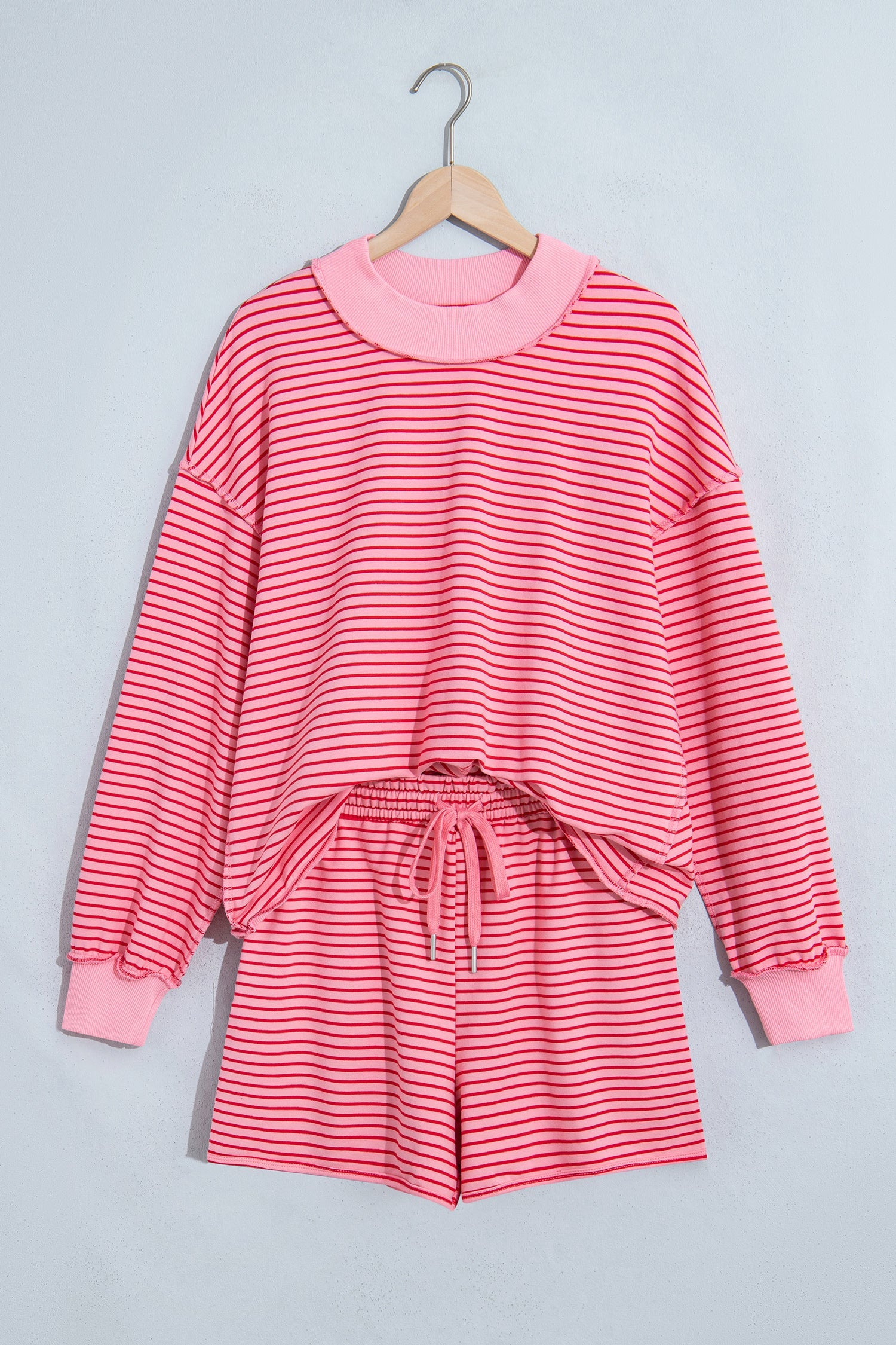Blue Stripe Ribbed Patchwork Mock Neck Baggy Pullover Matching Shorts Set