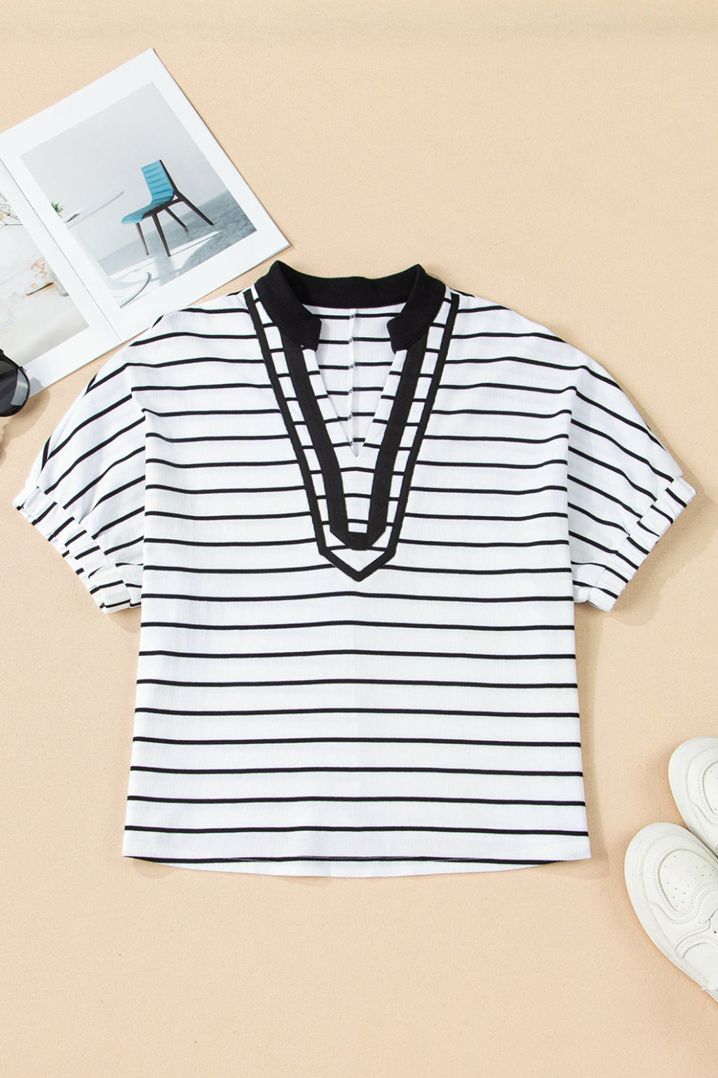 Stripe Stand Collar V-Neck Dolman Sleeve Top