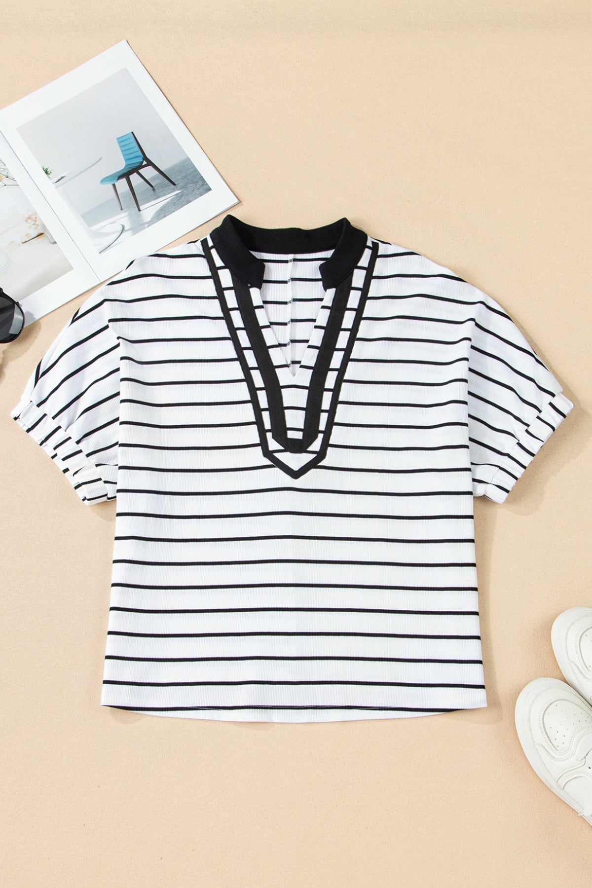 Stripe Stand Collar V-Neck Dolman Sleeve Top