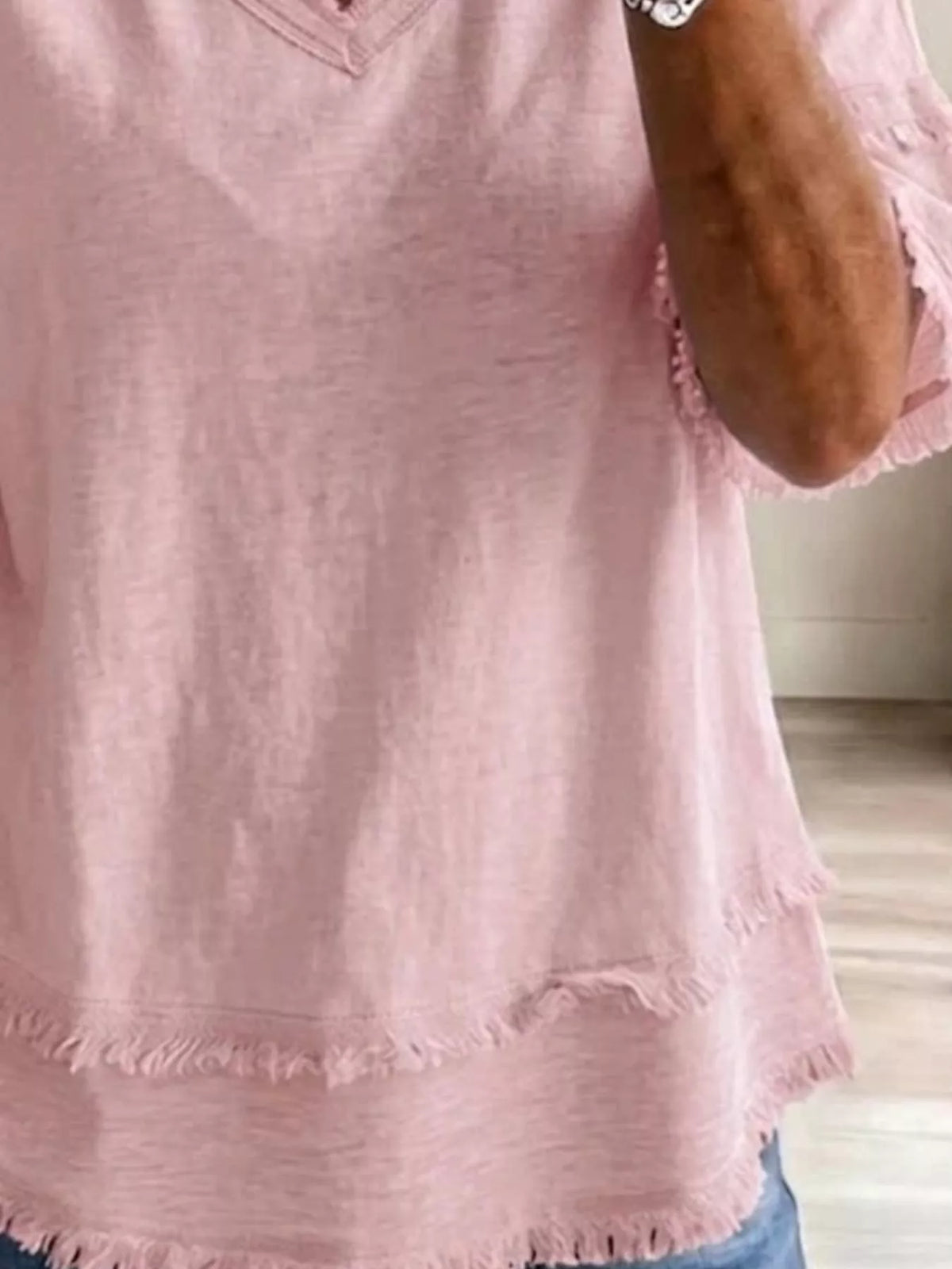 Full Size Frayed Edge V-Neck Blouse Plus Size