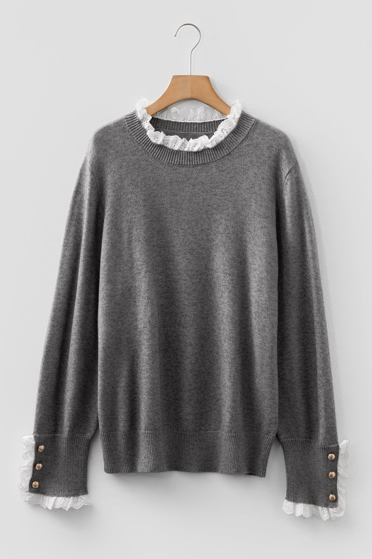 Lace Trim Patchwork Buttoned Cuff Sweater