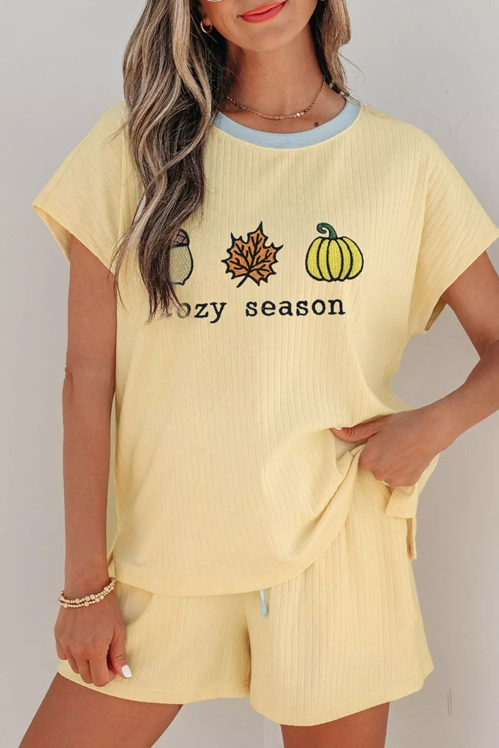 Cozy Season Embroidered Graphic Relaxed Two-Piece Short Set