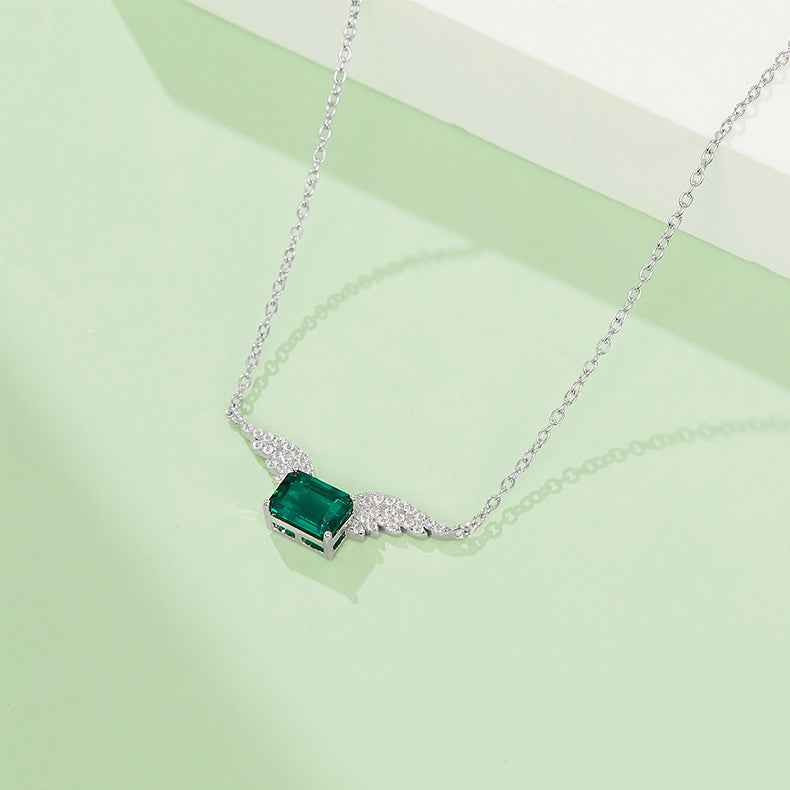 S925 Silver 3g Platinum Plated 0.9ct Lab-Created Emerald Necklace, 7x5mm Angel Wings Pendant, 40&5cm