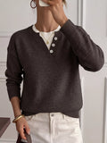 Decor Button-Placket Ribbed Knit Sweater