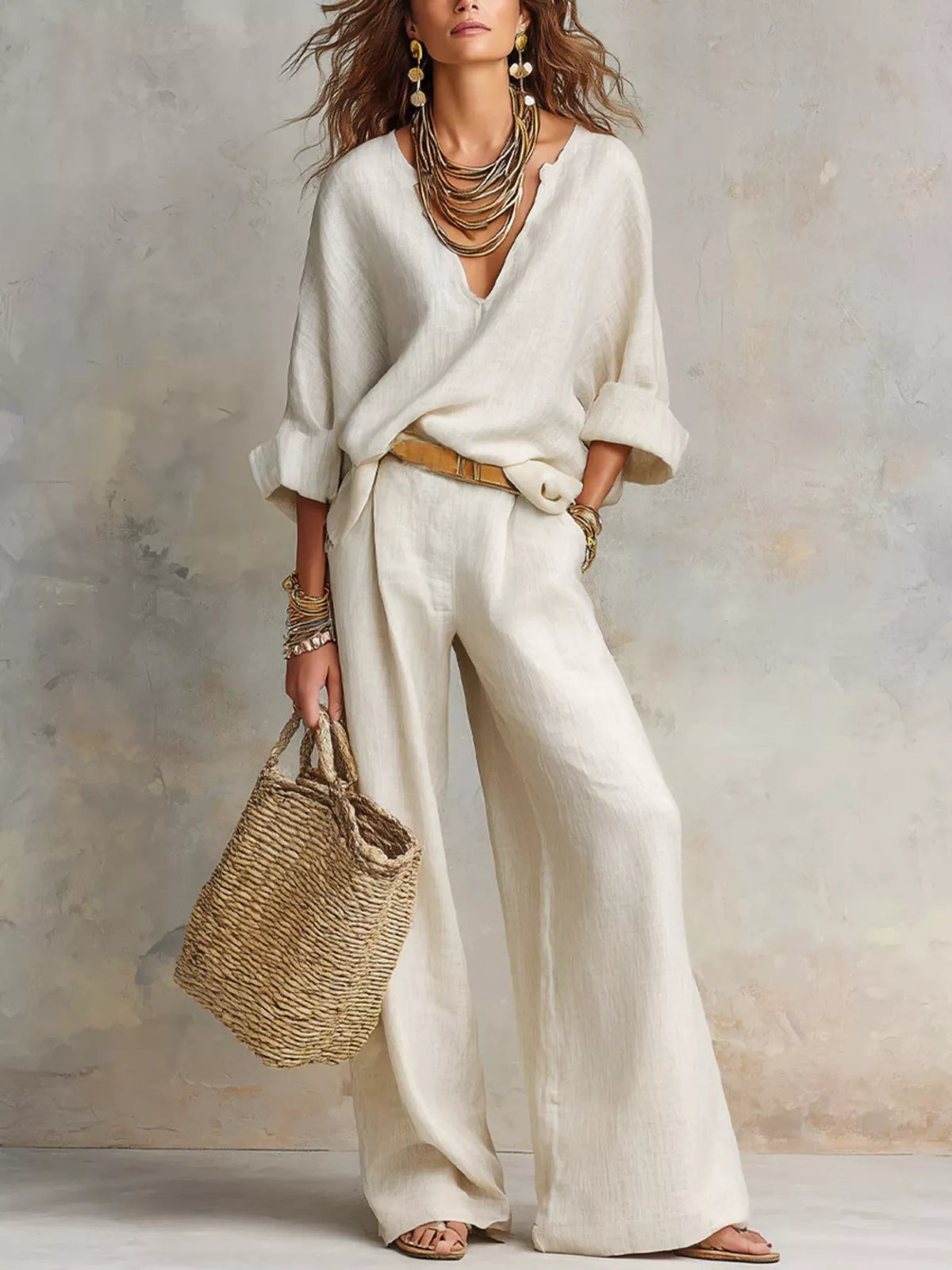 Full Size Loose Fit Top and Wide-Leg Pants Set Plus Size
