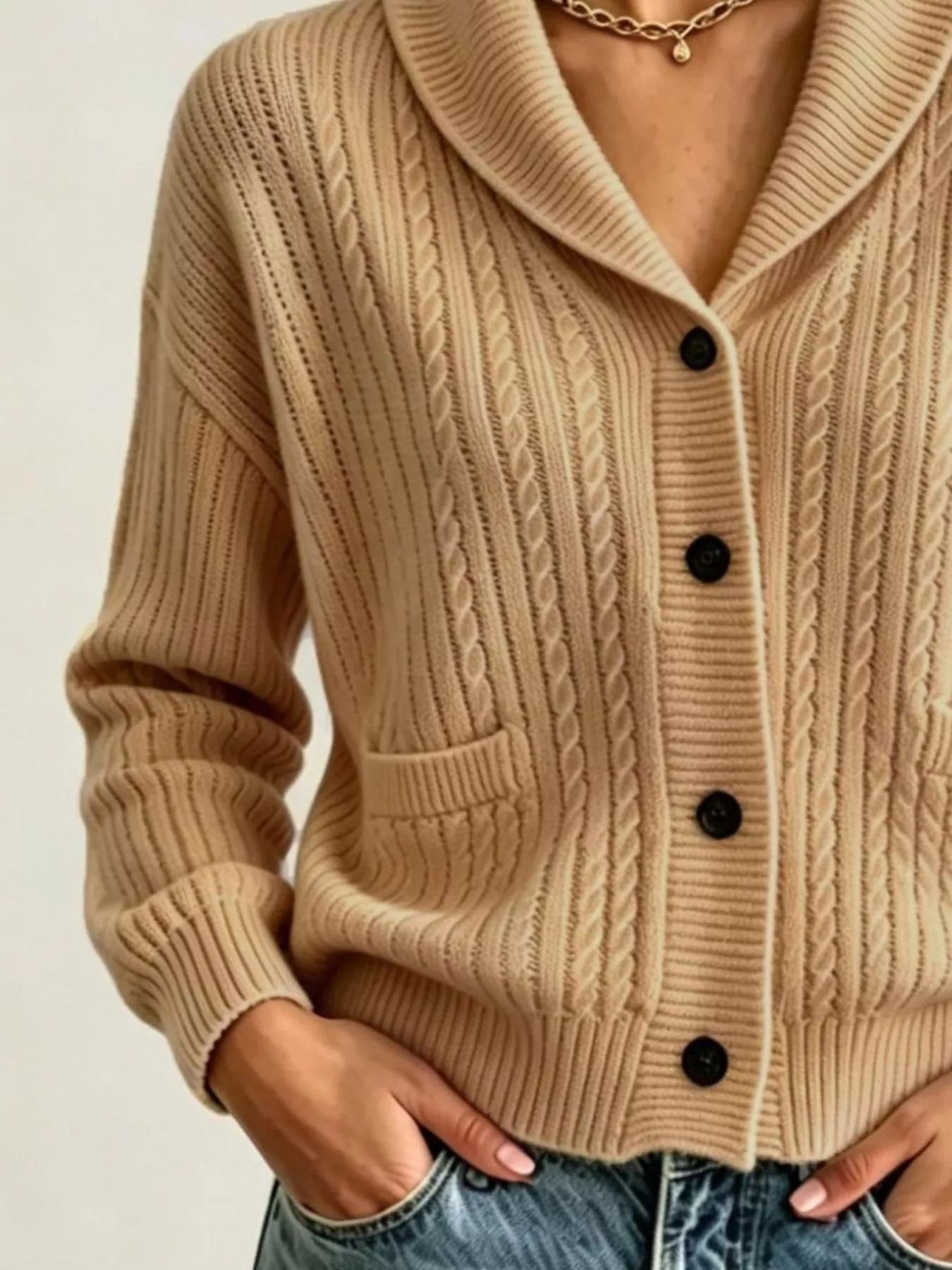 Full Size Shawl Collar Cable Knit Cardigan Plus Size