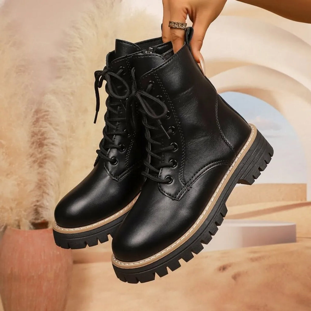 Lace Up Leather Combat Boots with Chunky Sole