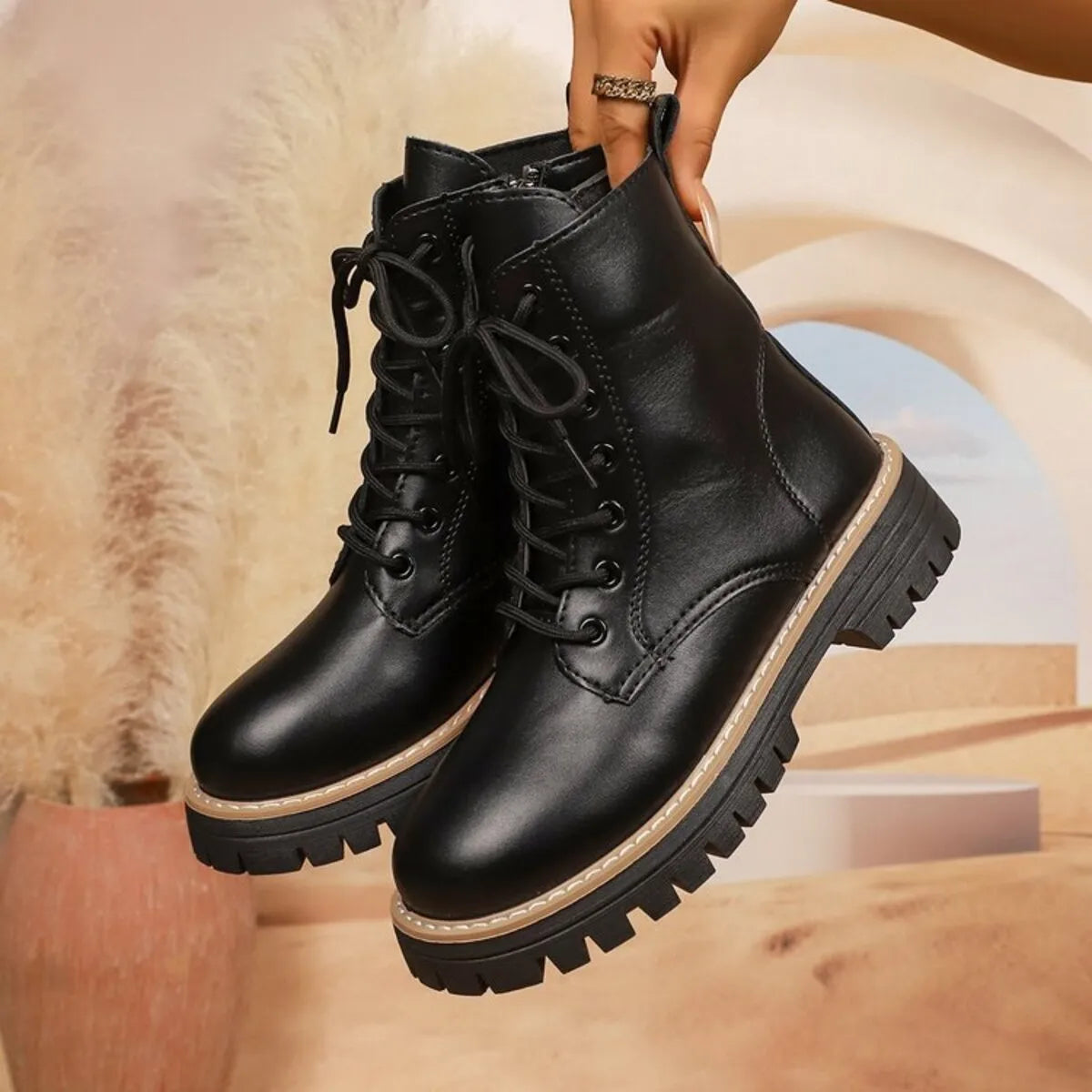 Lace Up Leather Combat Boots with Chunky Sole