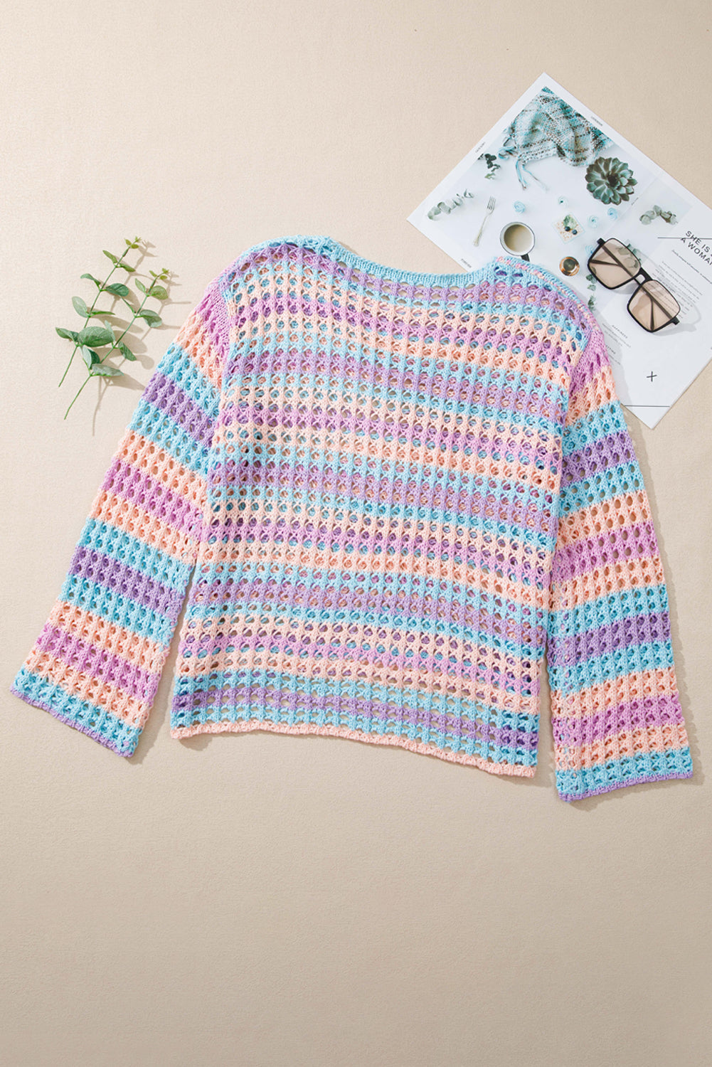 Stripe Open-Knit Beach Cover-Up Sweater