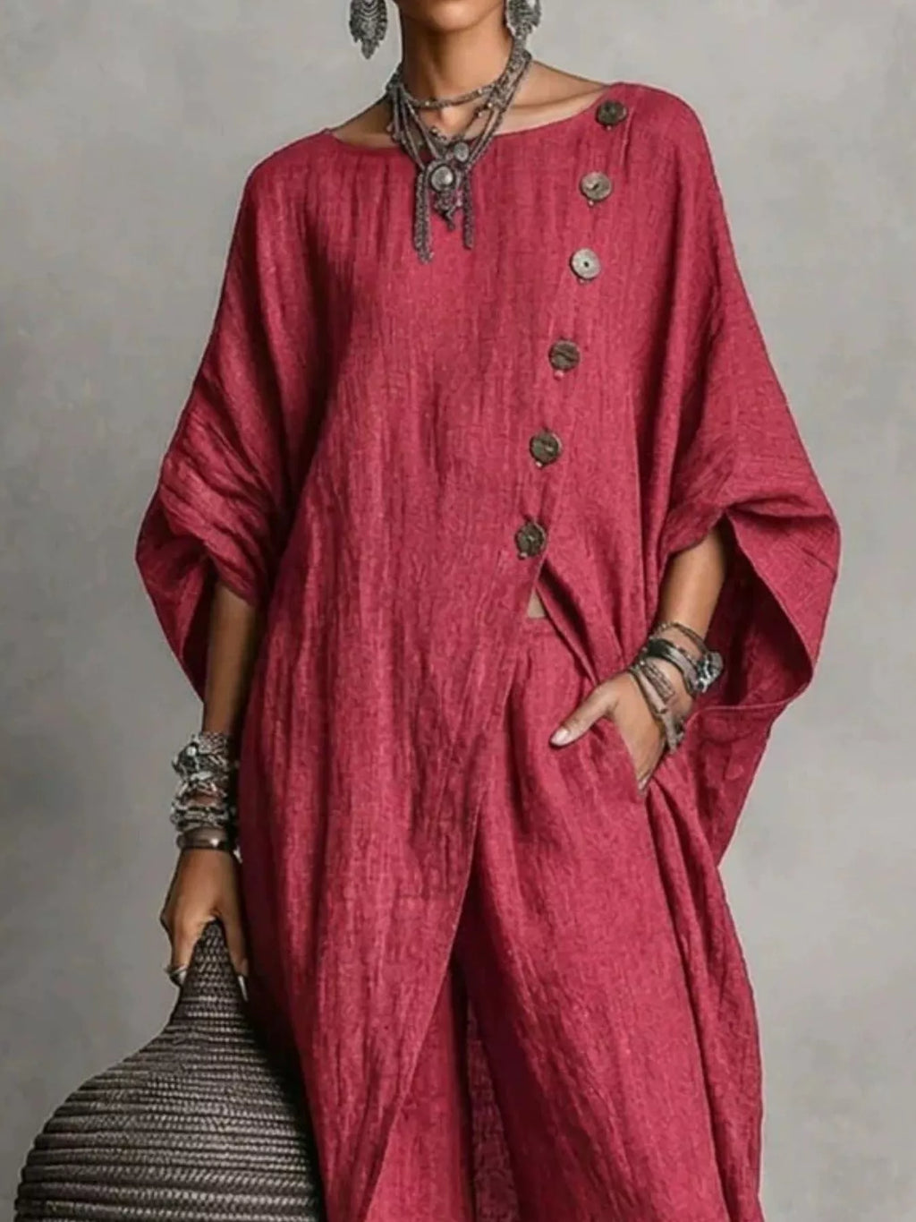 Full Size Asymmetric Button-Down Top and Wide-Leg Pants Set Plus Size