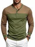 Men's Full Size Color-Block Long Sleeve Henley T-Shirt Plus Size