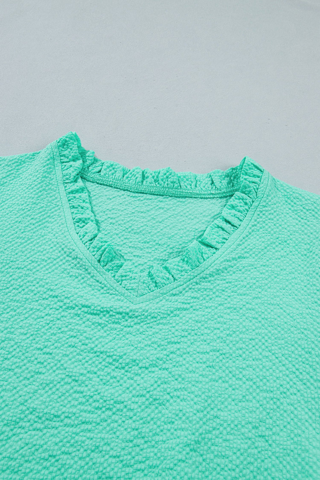 Mint Green Frilled V Neck Flower Embroidered Puff Sleeve Textured Blouse