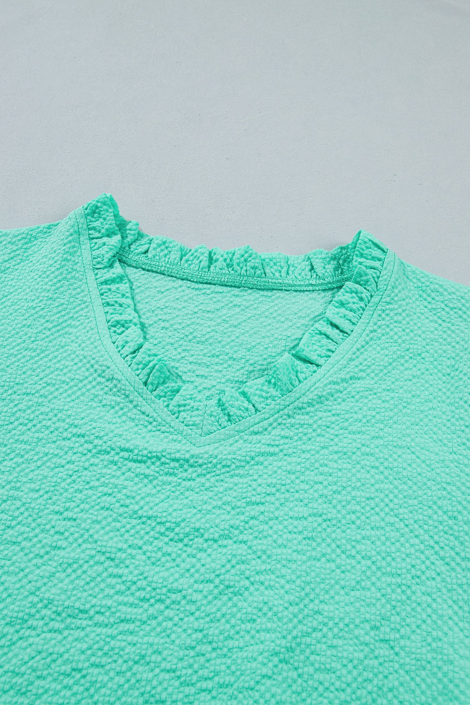 Mint Green Frilled V Neck Flower Embroidered Puff Sleeve Textured Blouse