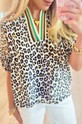 Khaki Leopard Color Block Contrast Striped V Neck Half Sleeve Loose Fit Blouse