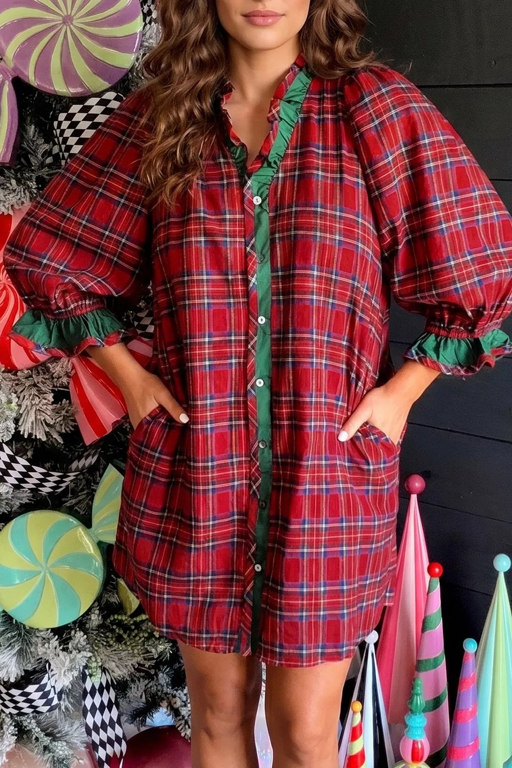 Plaid Ruffle Cuff Button Front Pocket Mini Dress
