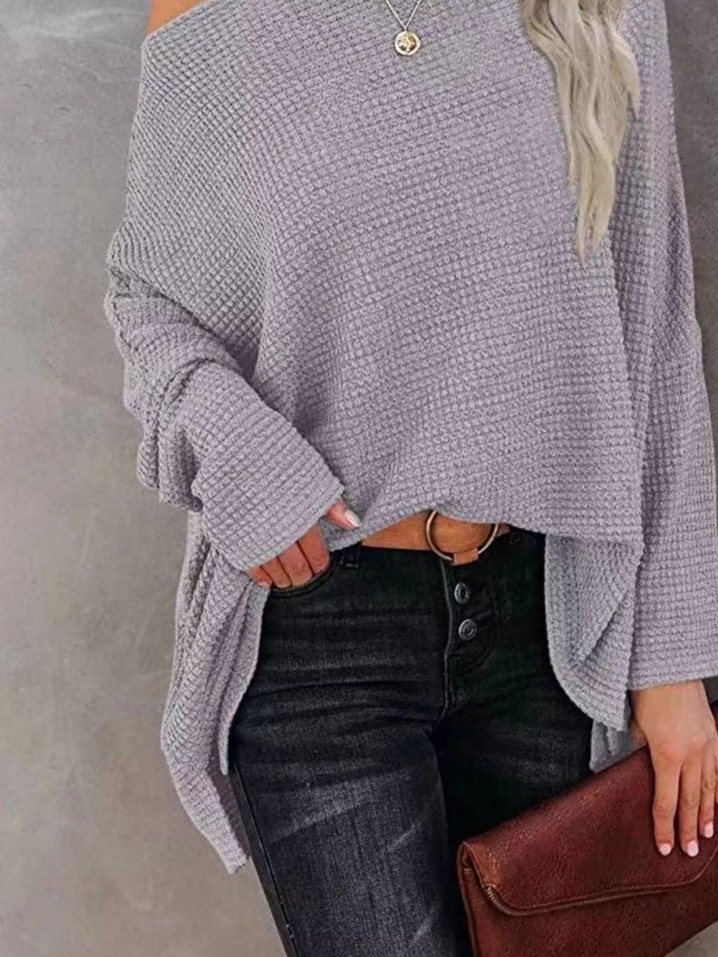 Boat Neck Waffle Knit Top