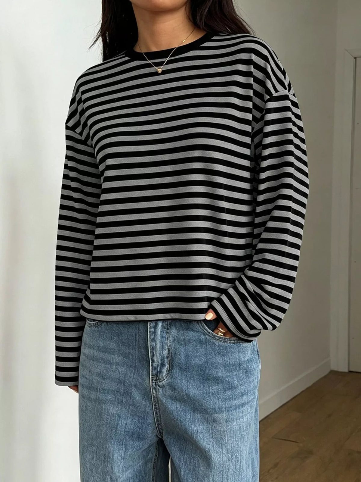 Full Size Casual Long-Sleeve Striped Crew Neck T-Shirt Plus Size
