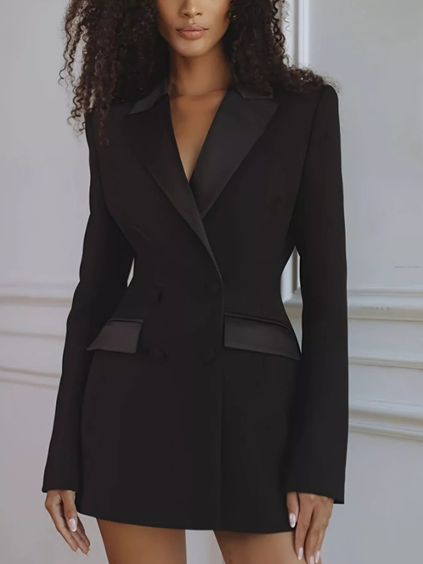 Satin Lapel Double-Breasted Blazer