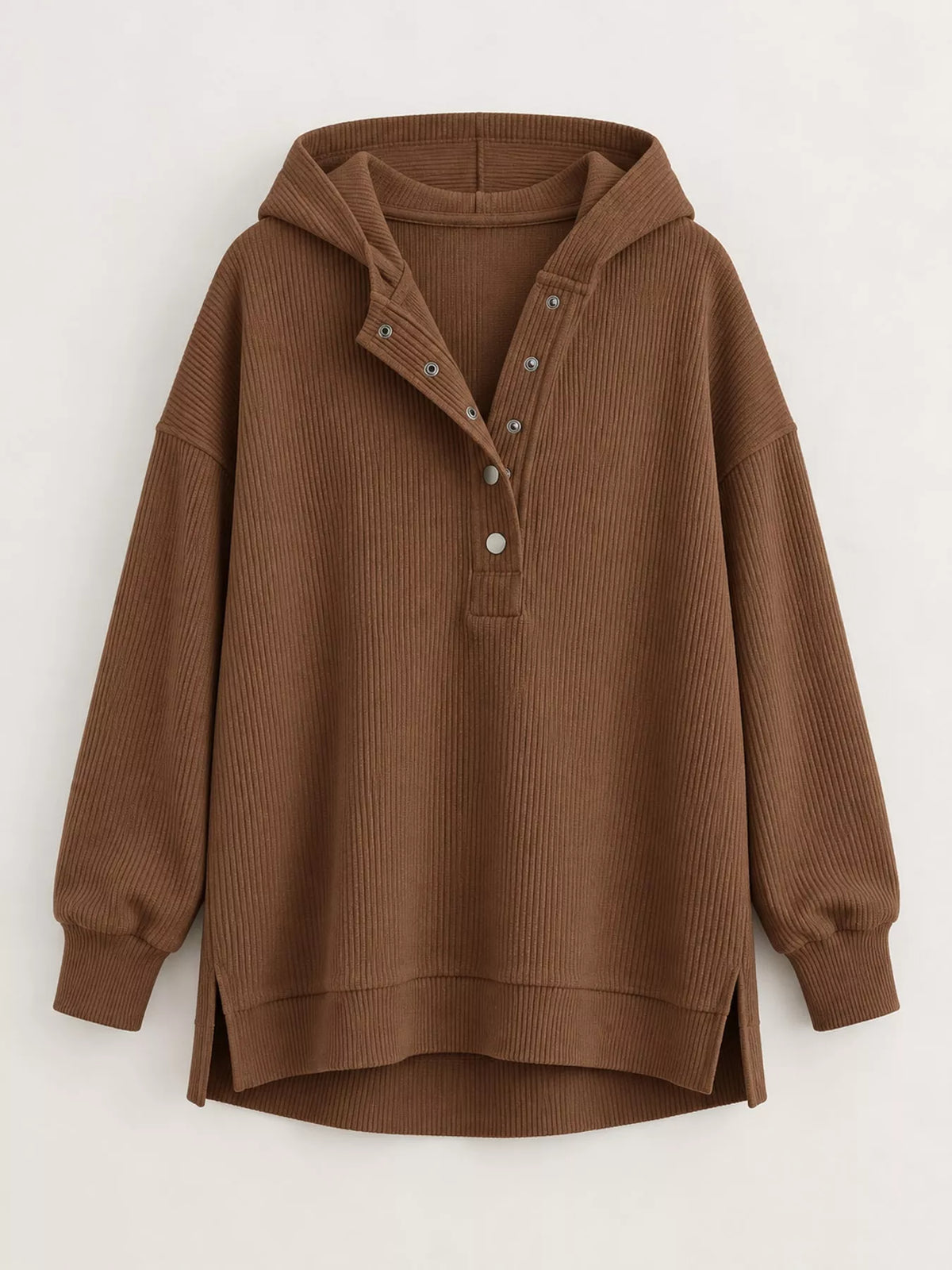 Full Size Snap Button Placket Dropped Shoulder Hoodie Plus Size